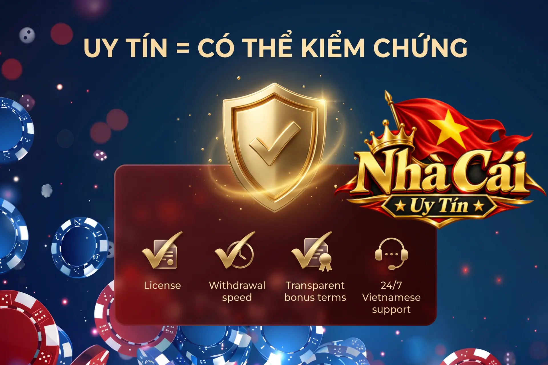 Tiêu chuẩn đánh giá nhà cái chất lượng có thể kiểm chứng, thể hiện qua khiên vàng bảo mật cùng bốn tiêu chí cấp phép, rút tiền và hỗ trợ 24/7.