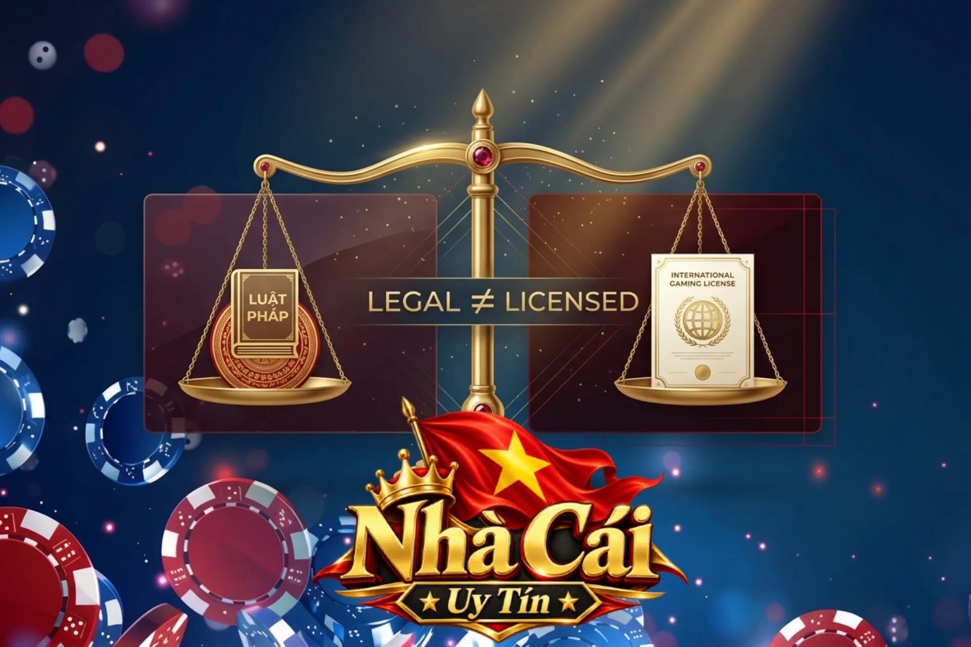 Phân tích tính pháp lý và giấy phép quốc tế tại Nhà Cái Uy Tín, minh họa bằng cán cân công lý cân bằng sách luật và chứng nhận cá cược hợp pháp.