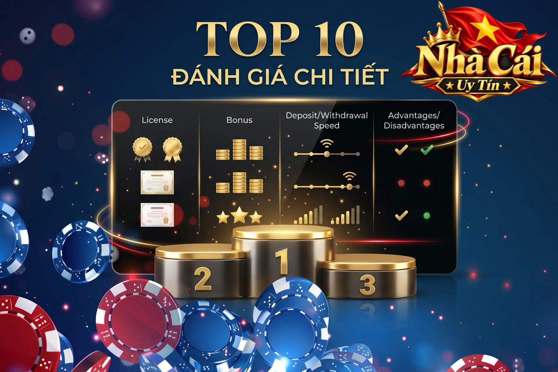 Bảng xếp hạng và đánh giá chi tiết top 10 sân chơi cá cược, hiển thị qua bục vinh quang ba bậc cùng bảng chấm điểm giấy phép, tốc độ và ưu đãi.