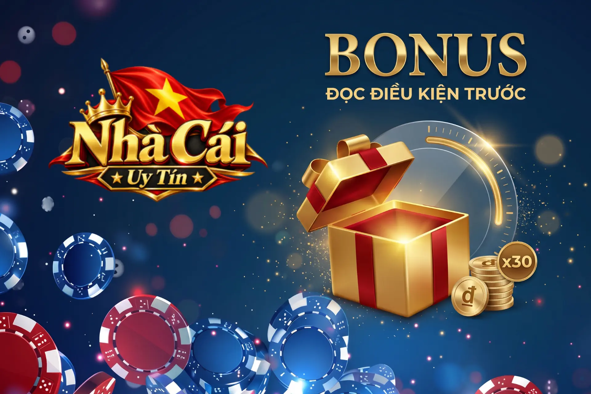Chương trình khuyến mãi và tiền thưởng hấp dẫn tại Nhà Cái Uy Tín, minh họa bằng hộp quà vàng phát sáng cạnh cọc tiền xu VNĐ và biểu tượng x30 vòng cược.