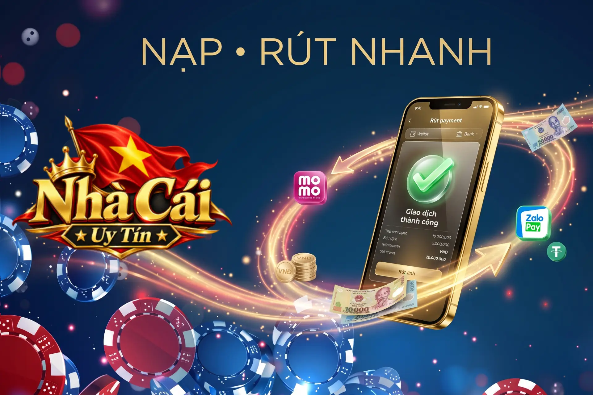 Hệ thống nạp rút tiền siêu tốc qua ngân hàng và ví điện tử, hiển thị trên điện thoại thông minh cùng tiền giấy Việt Nam Đồng và mũi tên giao dịch.