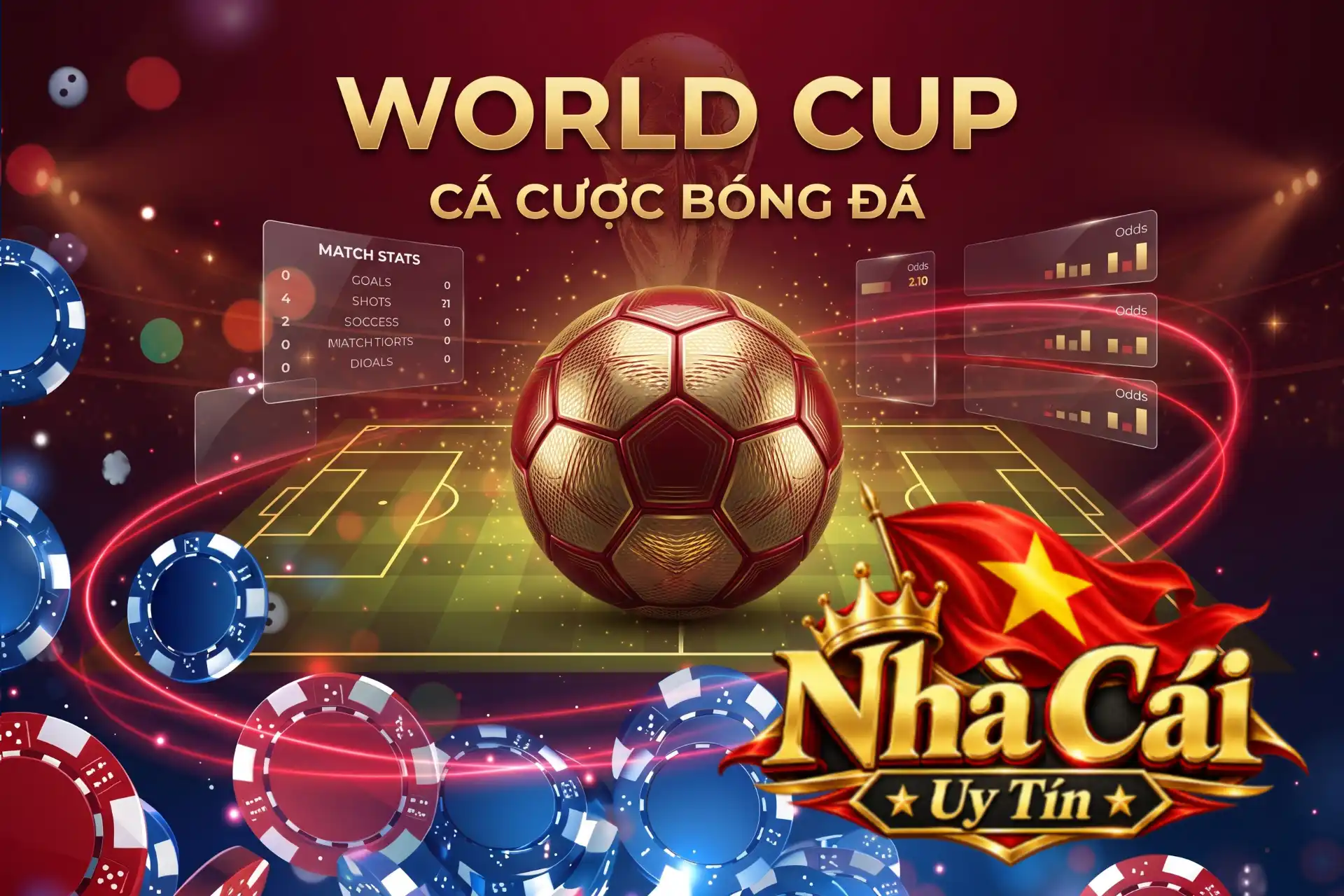 Kèo cá cược bóng đá World Cup với tỷ lệ trả thưởng hấp dẫn, thể hiện trên sân cỏ 3D với quả bóng kim loại và các bảng thông số trận đấu trực tiếp.