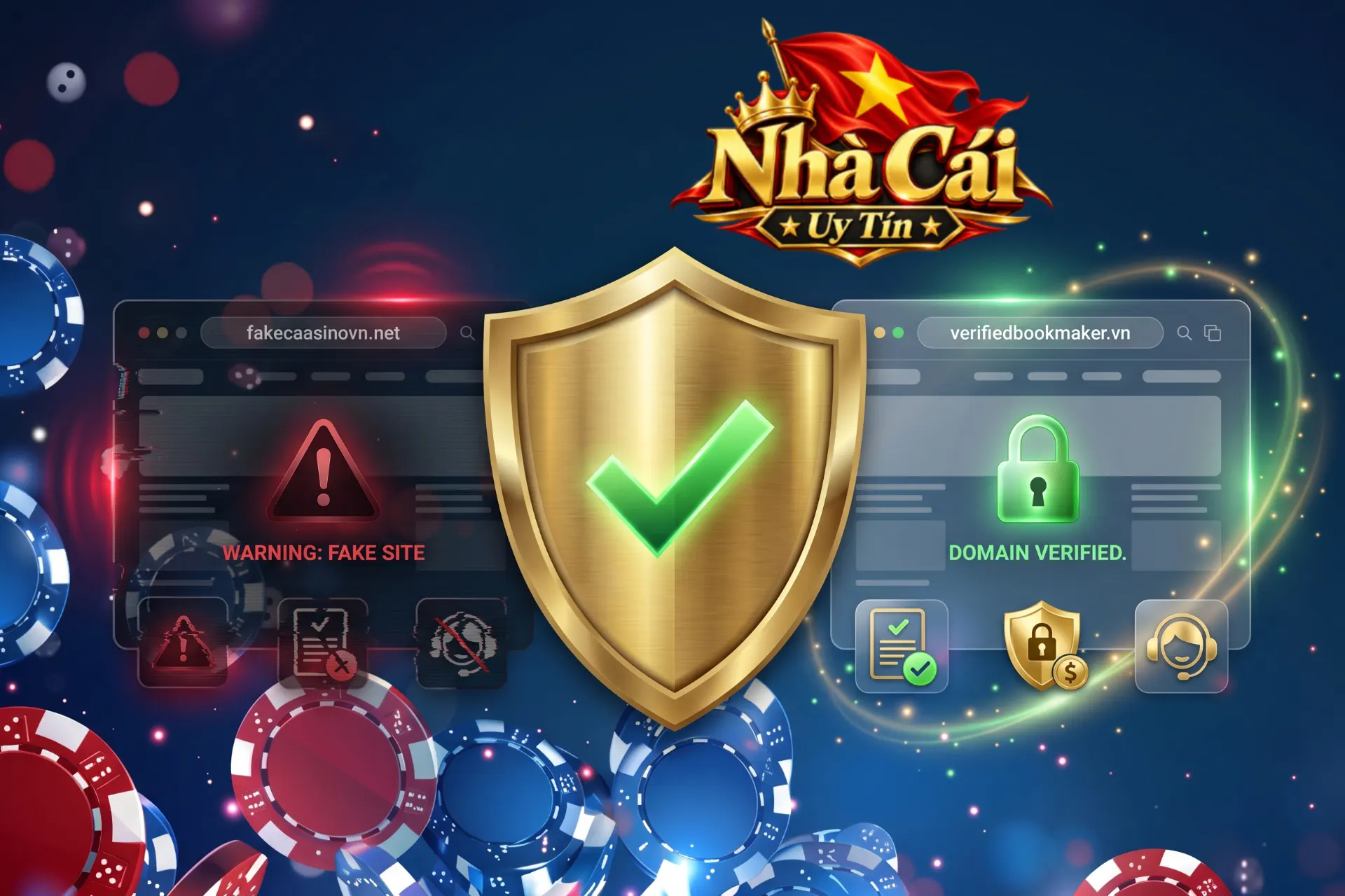 Cách phân biệt trang web chính thức của Nhà Cái Uy Tín với trang lừa đảo, minh họa bằng chiếc khiên vàng ở giữa hai giao diện website thật và giả mạo.